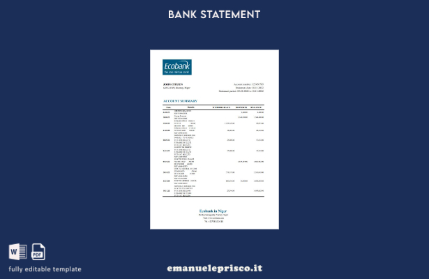 modello Excel di estratto conto bancario Niger Ecobank in stile verificato